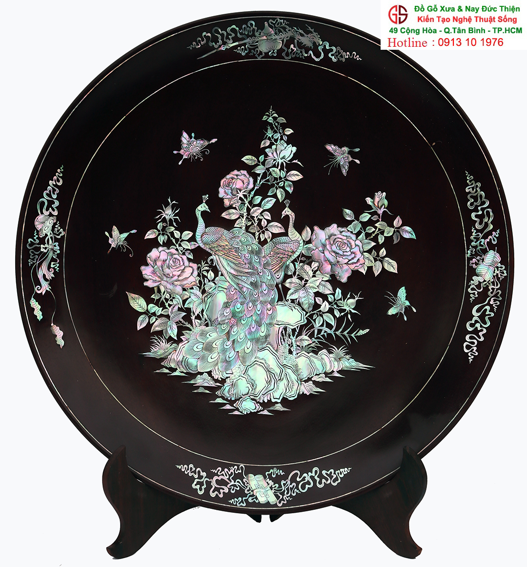 Đĩa Gỗ Khảm Ốc : Hoa Hồng Chim Công MS02